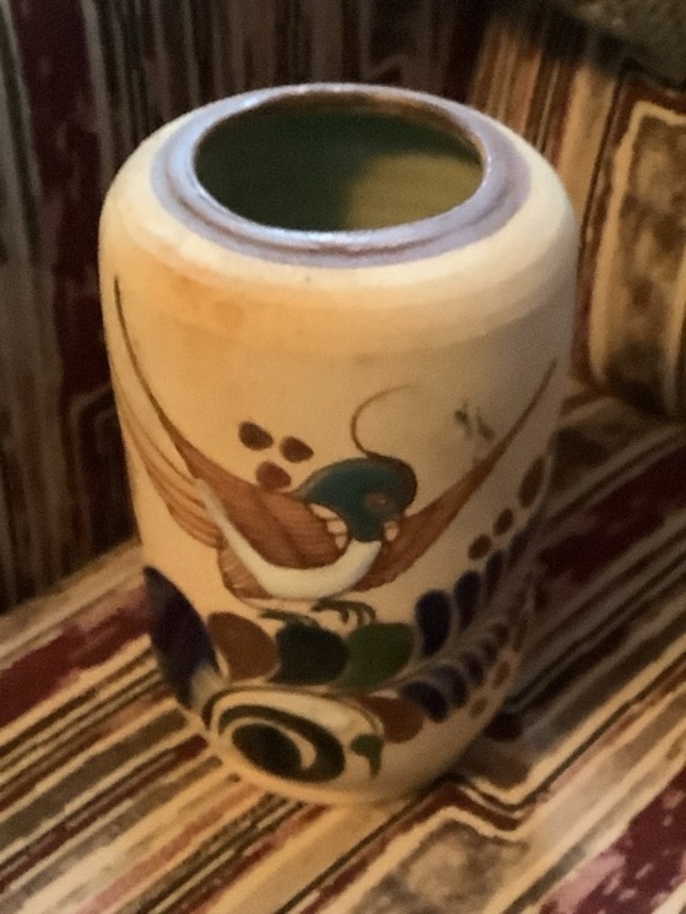 Mexican Tonala Art Pottery Vase Hand Painted Bird Ceramic Folk Art